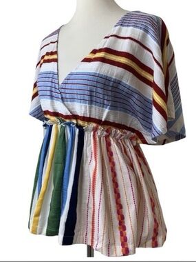 Lou & Grey Striped V-Neck Multicolor Peplum Top in Blue, Red, Yellow and Cream